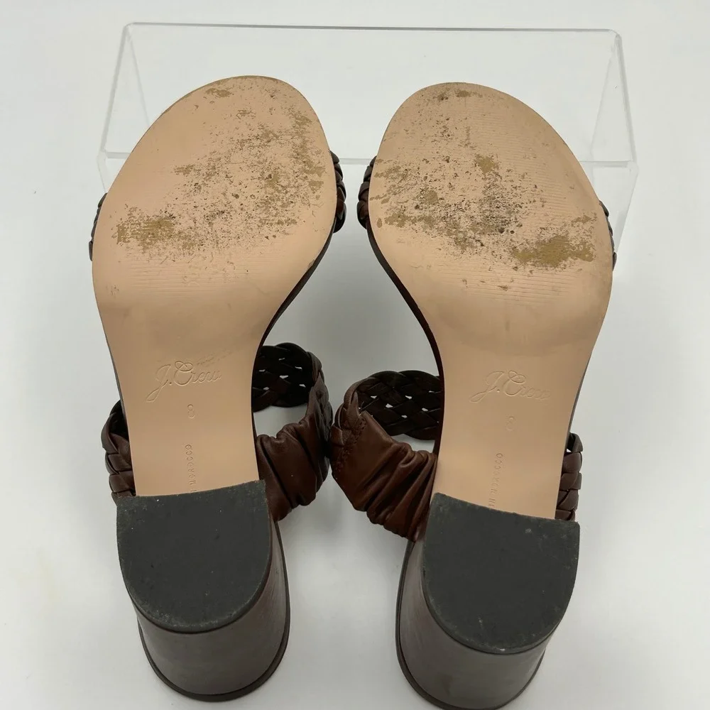 J.Crew Braided Leather Block Heel Sandals Womens 8 Brown Mules Quiet Luxury Boho